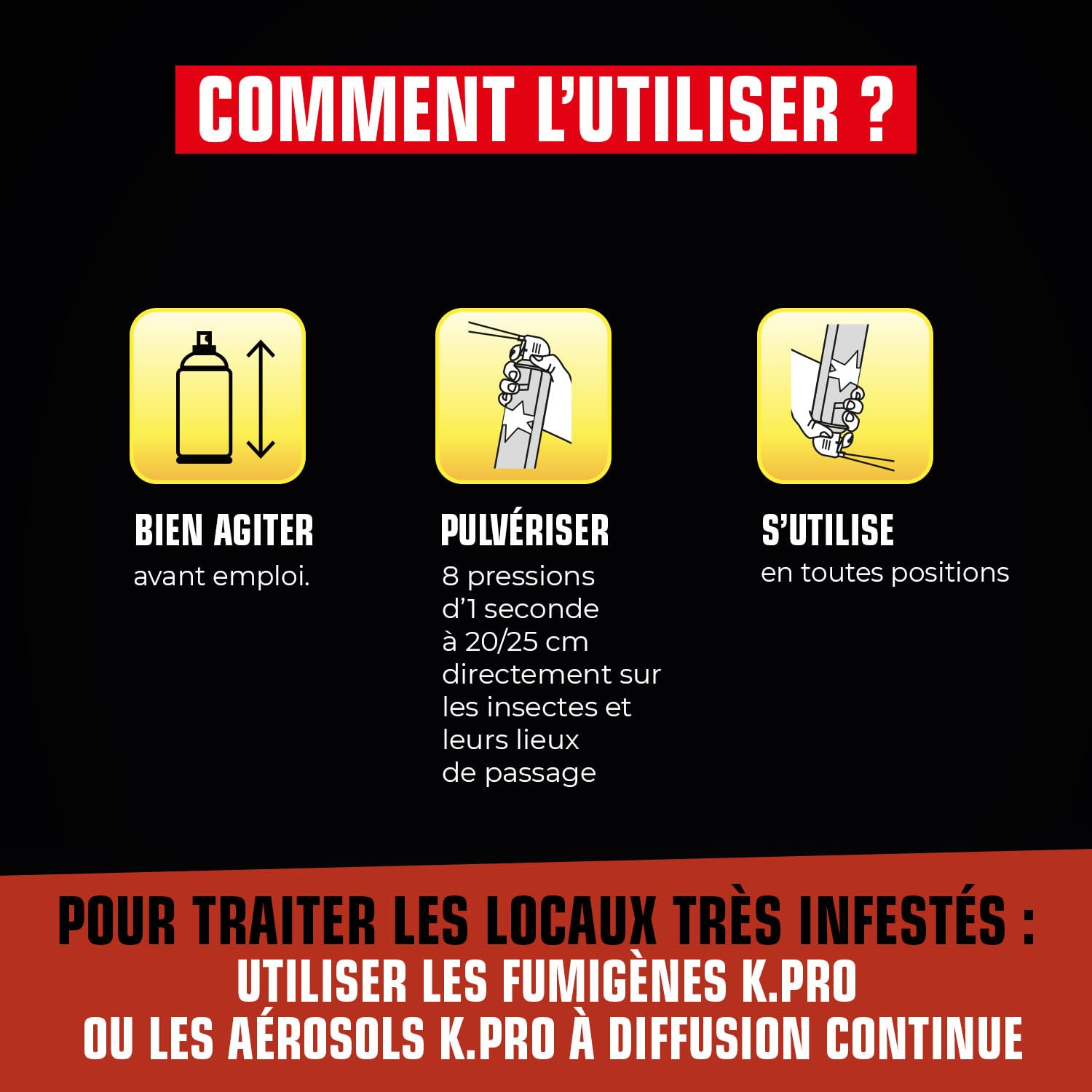 K.PRO Aérosol foudroyant cafards et blattes, 400ml, action foudroyante et immédiate, jusqu'à 3 mois de protection, utilisable tête en bas, technique professionnelle