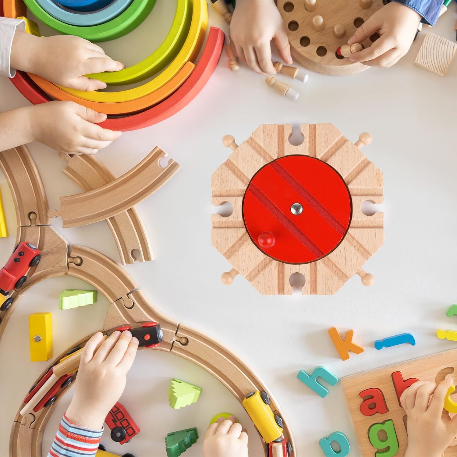 Wooden Train Track Expansion Pack 8 Way Turntable Brick Bridge Accessory Set Compatible for Tabletop Play, Toddler Activities and Family Fun(Wooden Train Track Turntable, Piece, 1)