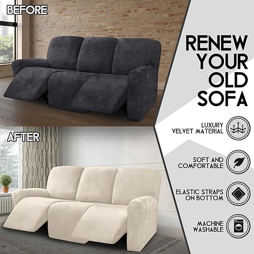 Miniatura 5 de Juego de 8 piezas de fundas para sofá reclinable,fundas para sofá reclinable de terciopelo con expansión, fundas para 3 cojines de sofá