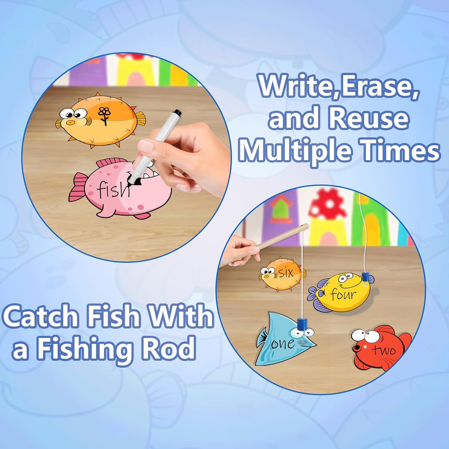 Magnetic Fishing Sight Word Games Large Size Dry Erase Cards DIY Alphabet Fish Catching Games Montessori Toys Sight Word Educational Toy