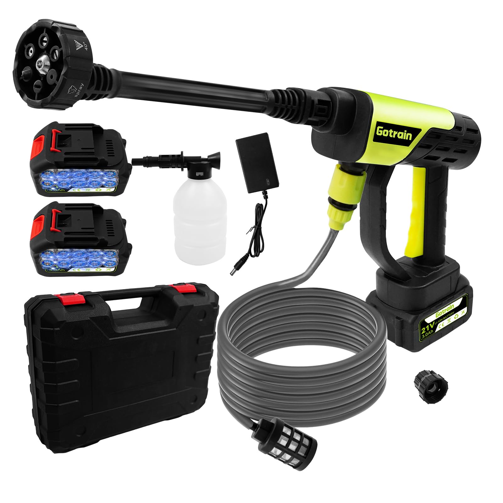 Limpiador de alta presión 6 en 1 con batería, 21 V, 30 bar, con 2 pilas de 3,0 Ah, pistola de limpieza a presión portátil, pistola de espuma para coche, casa, césped, jardín, valla, manguera de 5 m