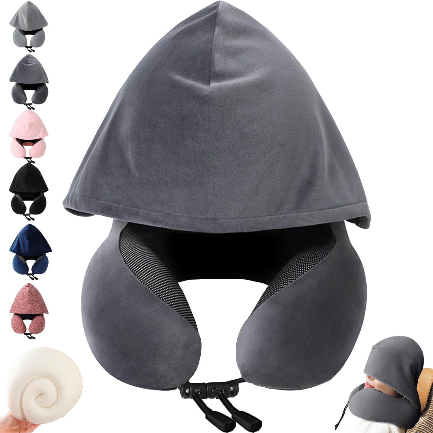 YOUYIKE Travel Pillow, Airplane Pillow, Hooded Travel Cushion, Ideal for Sleeping on the Airplane, Car, Train, Bus and at Home (Dark Grey)