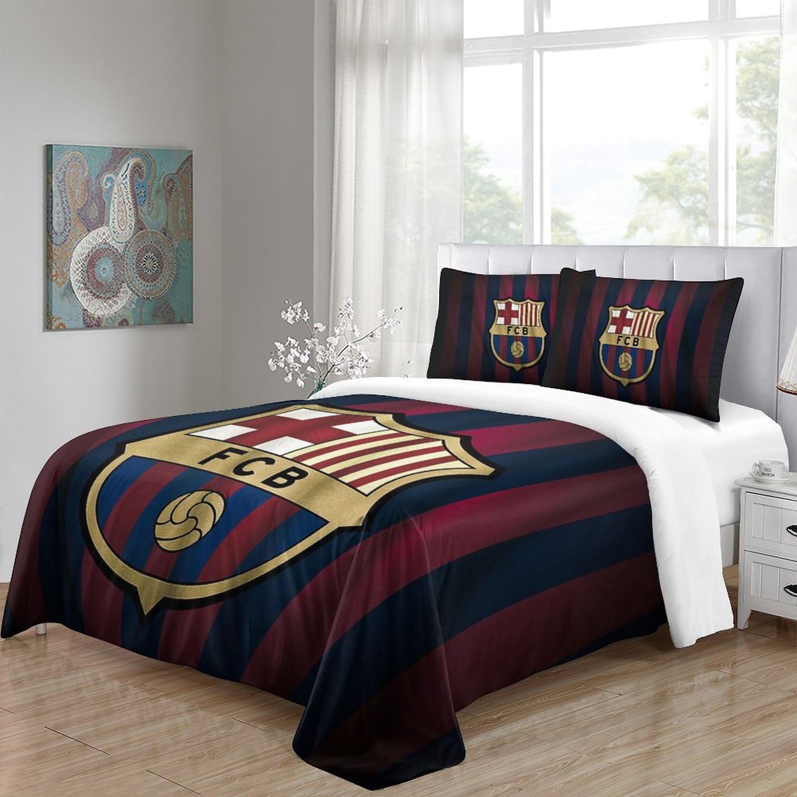 Parure De Lit FC Barcelone 3D - Housse De Couette + Taies, 3 Pièces, Microfibre, Pour Fans Football