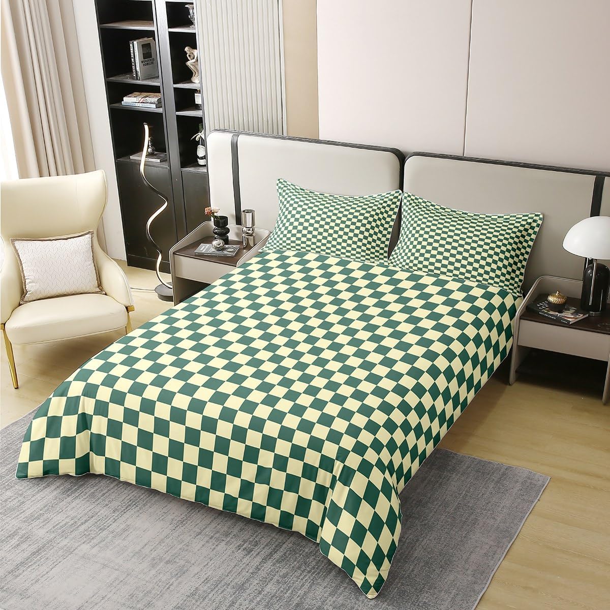 Manfei Checkered Plaids Duvet Cover 100% Cotton Twin Size,Green and Yellow Checkerboard Simple Comforter Cover(No Filler),Geometric Buffalo Grids Squares Abstract Bedding Set,2 Pcs