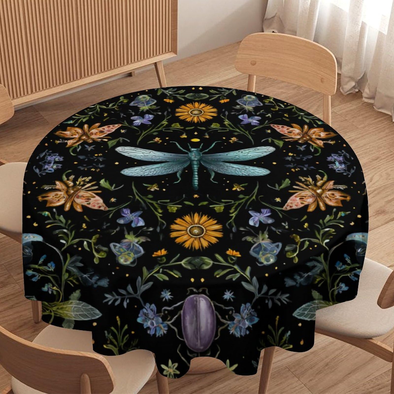 LUYYSKY Retro Aesthetic Boho Dragonflies Round Tablecloth Beautiful Abstract Animal Dragonfly Butterflies Floral Pattern Washable Decor for Table Cover for Kitchen-177.8" Wx177.8 L cm