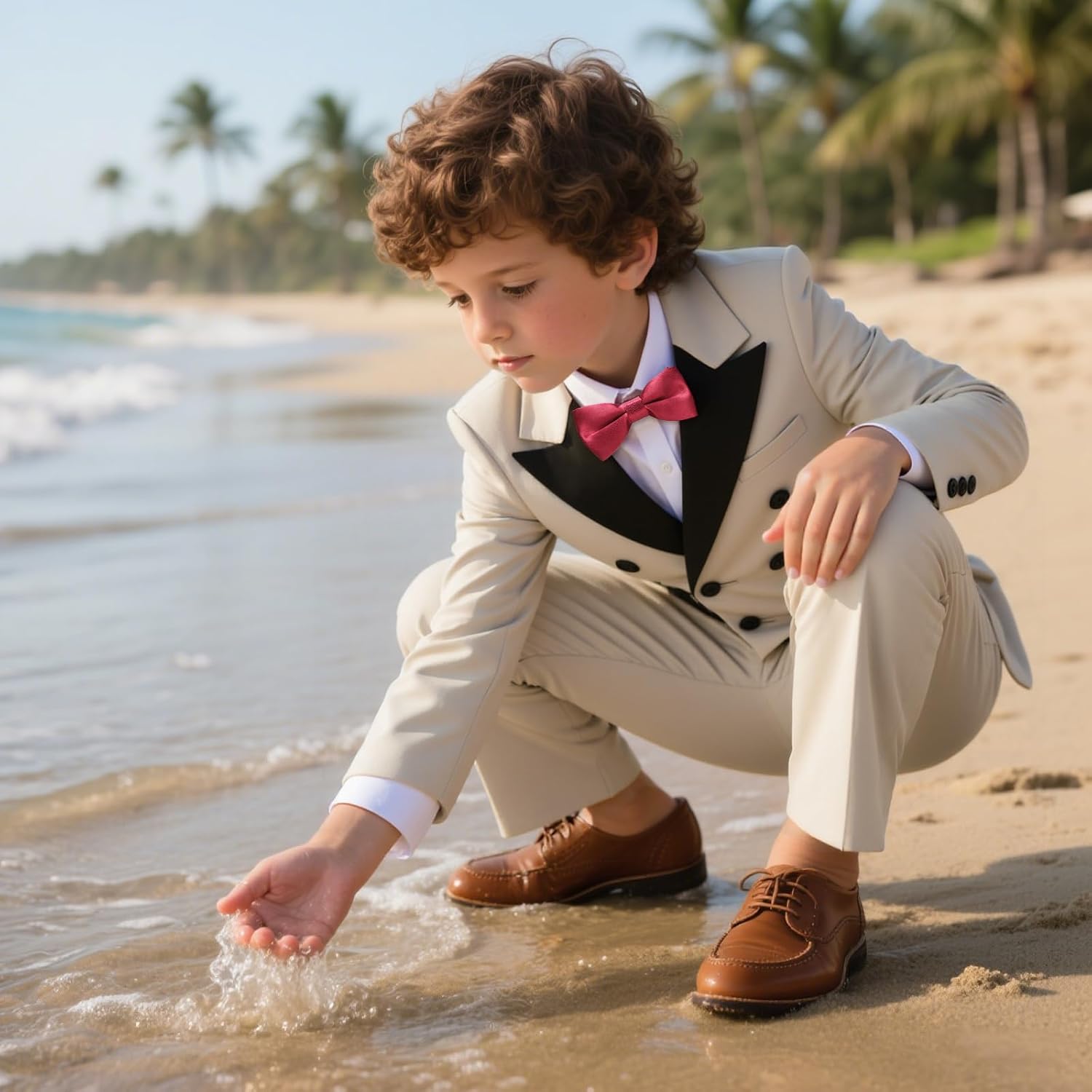Boys Suits Slim Fit 5 Pieces Double Breasted Kids Tuxedo Formal Outfits with Jacket Shirt Pant Bowtie Set for Wedding