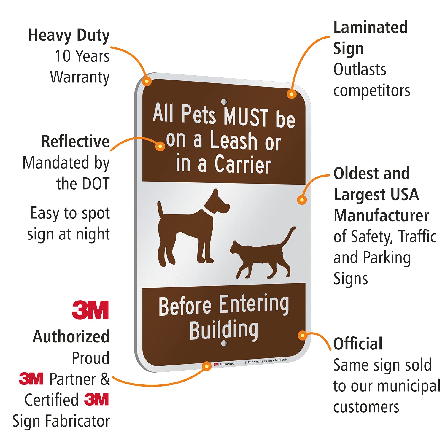 SmartSign 18 x 12 inch “All Pets Must Be On A Leash Or In A Carrier Before Entering Building” Metal Sign, 63 mil Aluminum, 3M Laminated Engineer Grade Reflective Material, Brown and White, USA-Made