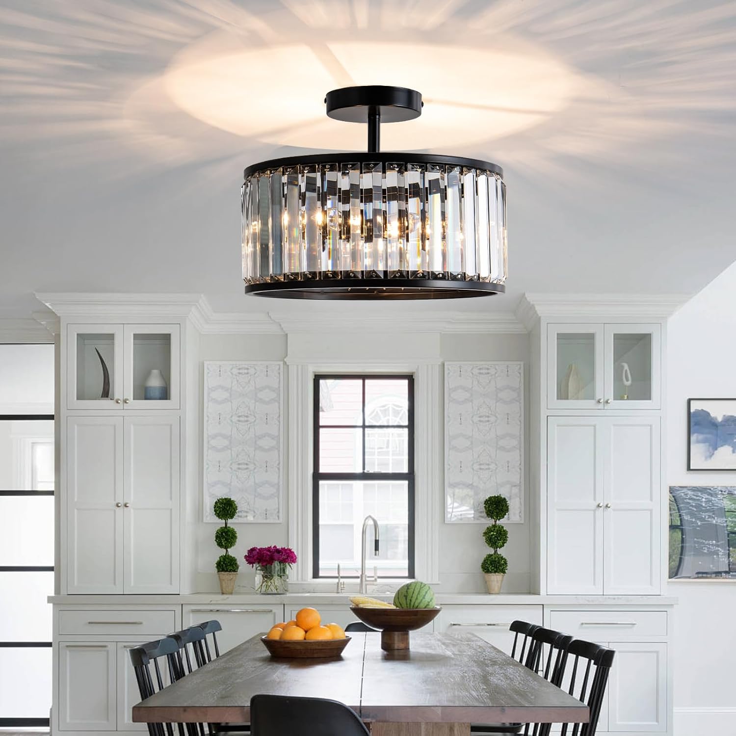 Black Crystal Ceiling Light Fixture,3 light crystal Semi Flush Mount Ceiling Lighting Fixture,Round Small kitchen ceiling light for Hallway, Entryway, Laundry Room, Kitchen, Bedroom, Foyer, Bathroom