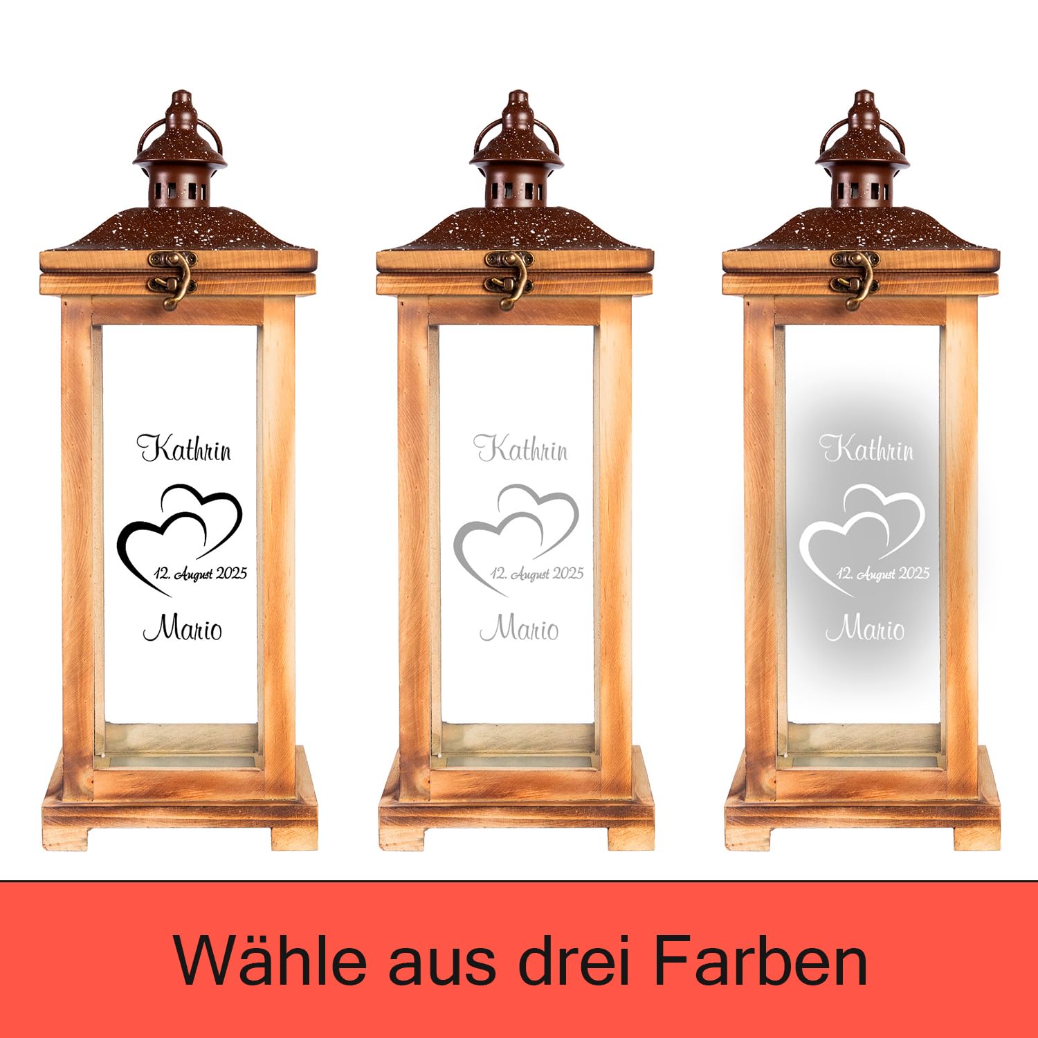 Personalisierte Landhaus Laterne | XL Holzlaterne 42 cm groß | Geschenk zum Hochzeitstag Hochzeitsgeschenk | Geschenkidee Hochzeitstag Mann Frau Großeltern | Gartendeko Gartenlaterne | Herzen - Datum
