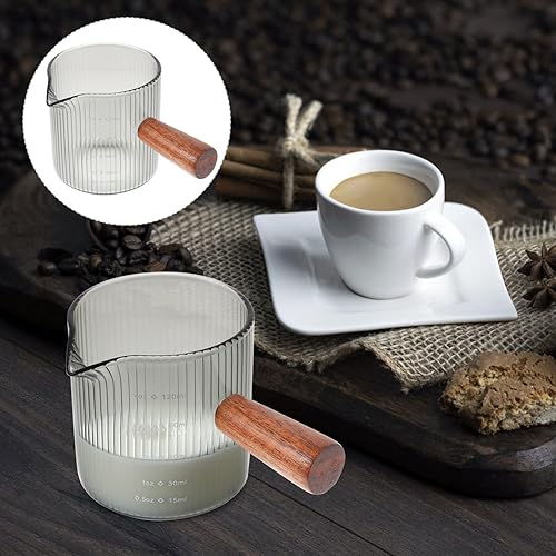 Miniatura 2 de Kichvoe Jarra de vidrio con mango de madera, jarra de leche y crema, vasos de chupito, triple taza medidora, boquilla individual, taza de leche,