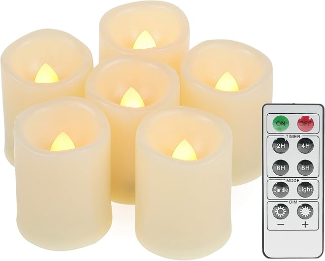 Led Flickering Flameless Votive Tea Lights Candles with Remote Control Battery Operated Set of 6 / Electric Outdoor Tealights Timer Candle for Christmas,Xmas Decorations (Batteries Included) 200Hours