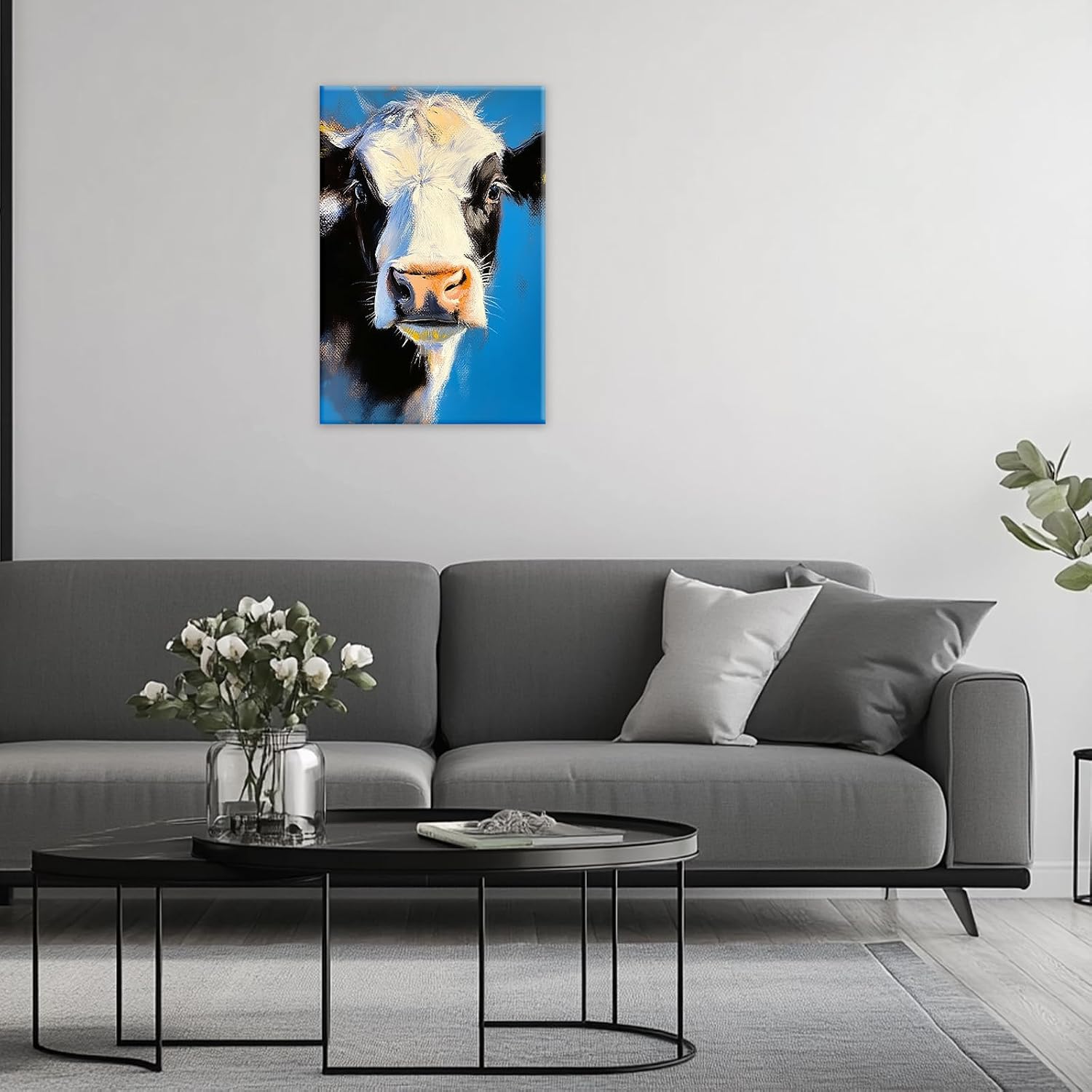 GLOKAKA Black White Cow Canvas Wall Art Abstract Cattle Portrait Painting Farmhouse Animal Decor for Living Room Office Ready To Hang(Artwork-1,12"x18")