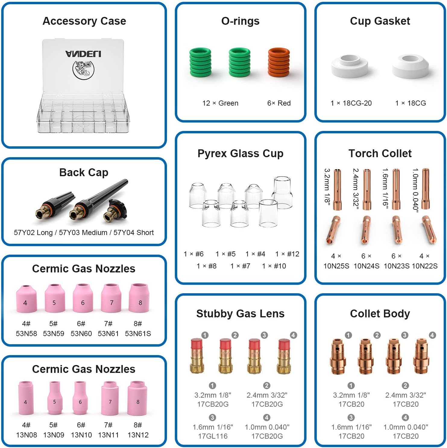 ANDELI 68PCS TIG Welding Torch Stubby Gas Lens Accessories Kit For WP-17/18/26