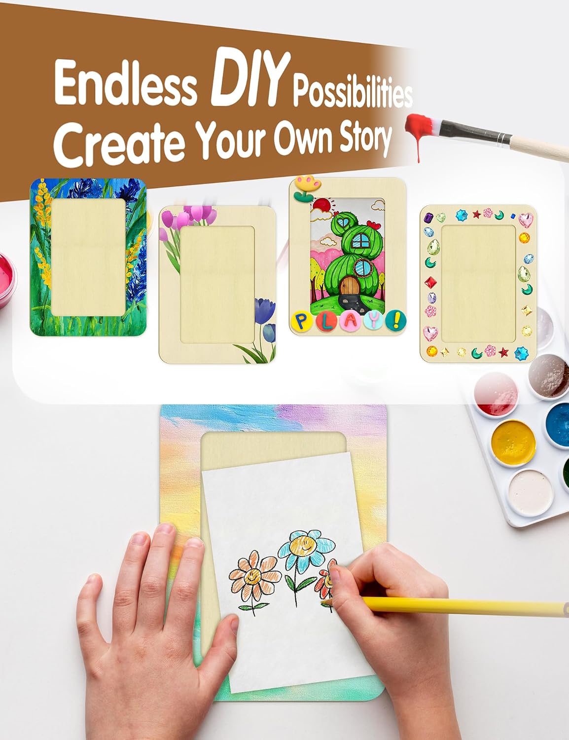 Sobizis DIY Wood Picture Frame Kit with NFC Postcard 7.5×5.5 in Unfinished Frame with Stand Customizable Digital Greeting Card for Birthday Wedding Graduation Holiday Gift 6 Sets