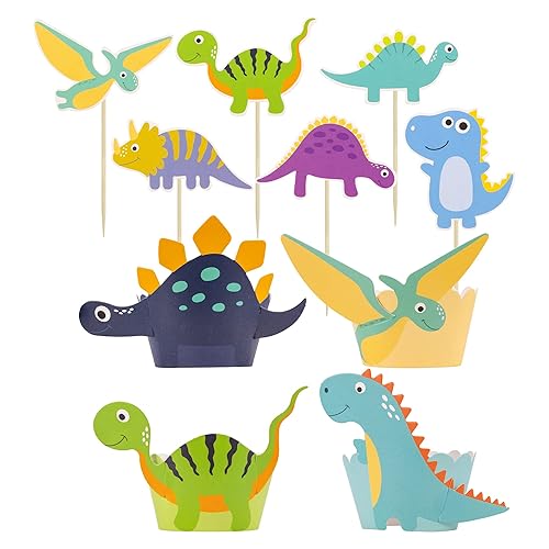 Miniatura 4 de Gyufise 24 adornos para cupcakes de dinosaurio para bebés y 24 envoltorios de dinosaurios para decoración de cupcakes con temática de dinosaurio,