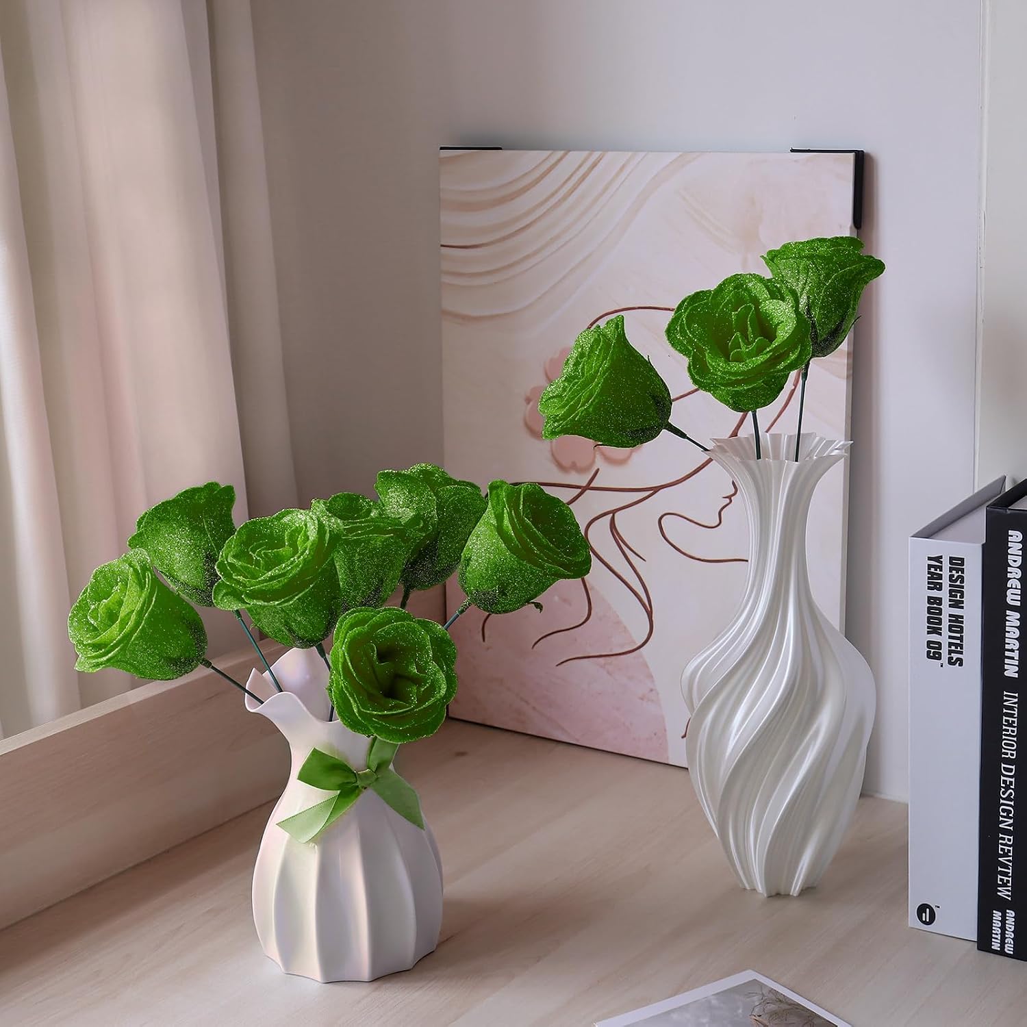 Green Glitter Flowers Bouquet, Fake Roses Bouquet 16 Pcs DIY Glitter Rose Bouquet Kits Birthday Gifts for Women Mom Mother's Day Anniversary Graduation
