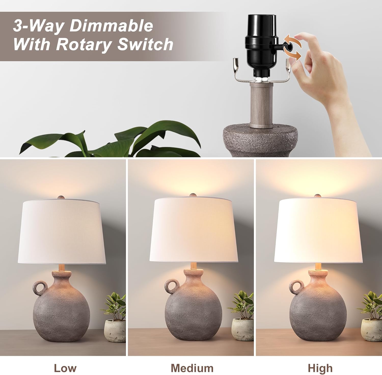 Maxax 24" Farmhouse Table Lamp for Bedroom, Rustic Grey Bedside Lamp with USB Port, 3 Way Dimmable Vintage Nightstand Lamp with White Shade for House Office Home Reading Kitchen Entryway