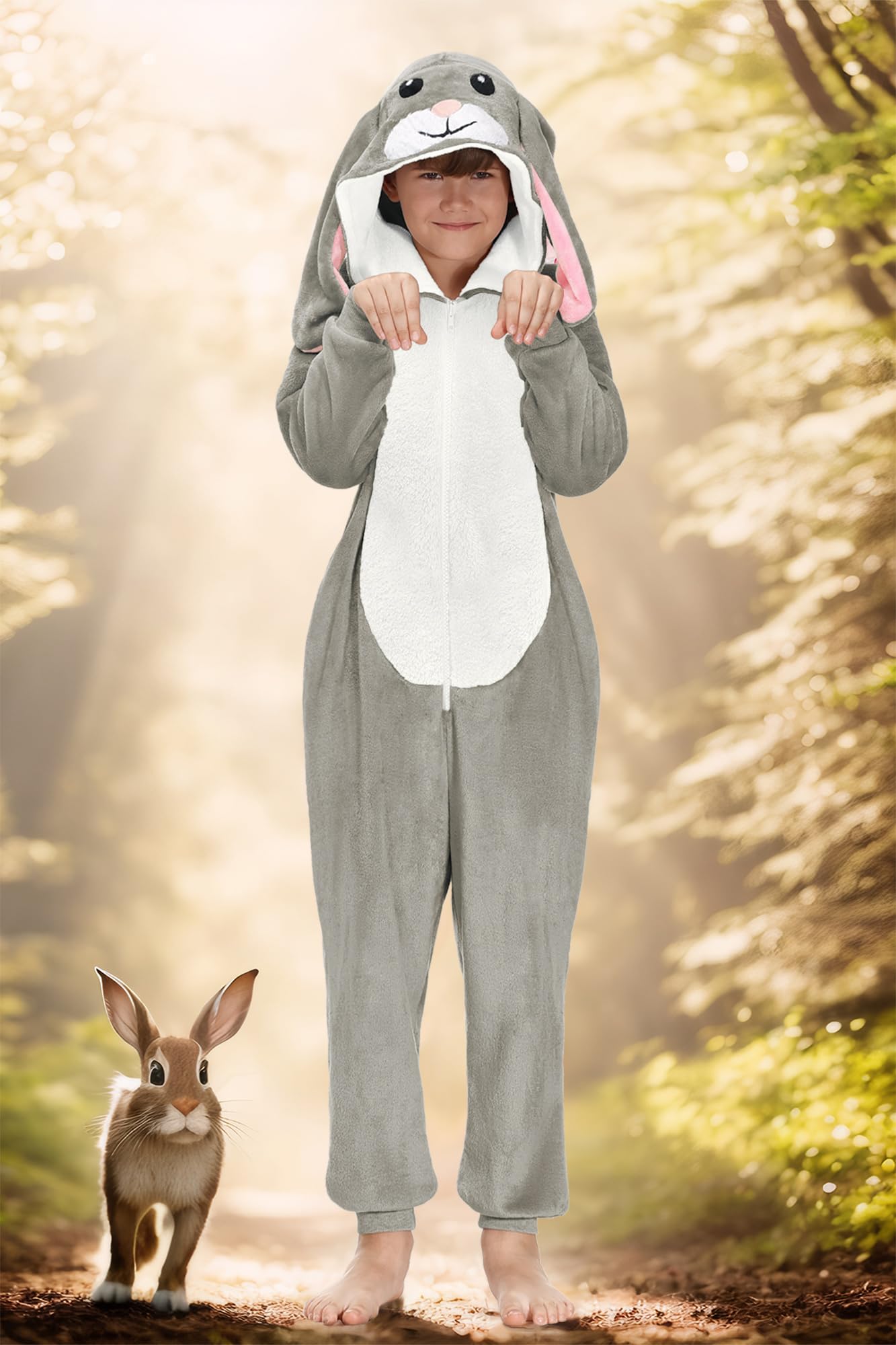 BesserBay Tuta intera unisex per bambini, con cappuccio, per Halloween, coniglietto peloso, 4-14 anni, Grigio | Tuta Coniglio, 8 anni