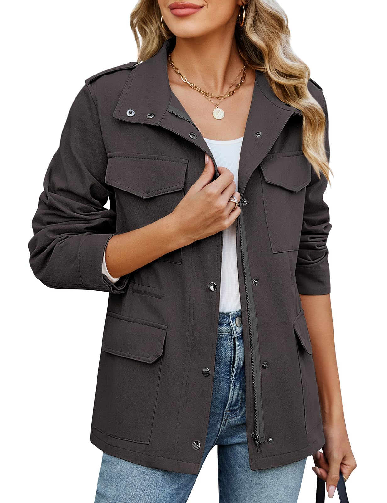Tuopuda Chaqueta Militar Mujer de Algodón Ligero Primavera Otoño Entretiempo Cazadora Casual Chaqueta Cintura Alta Cordón Parka con Bolsillos