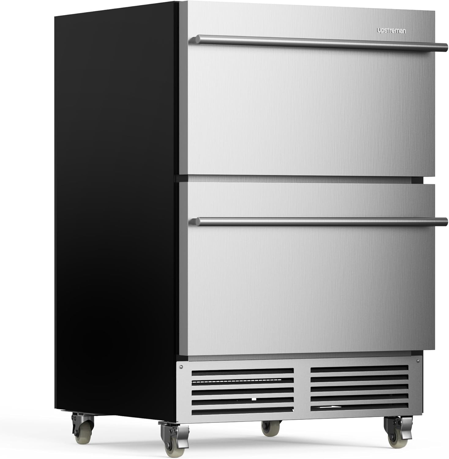 Upstreman 24 Inch Under Counter Double Drawer Refrigerator, Waterproof Stainless Steel Outdoor Refrigerator, Grid Organizers, LED Light, Built-in or Freestanding Beverage Fridge for Home/Patio -BR50D