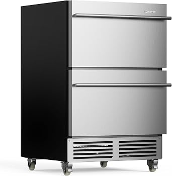 Upstreman 24 Inch Under Counter Double Drawer Refrigerator, Waterproof Stainless Steel Outdoor Refrigerator, Grid Organizers, LED Light, Built-in or Freestanding Beverage Fridge for Home/Patio -BR50D