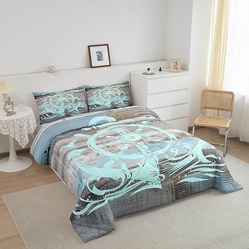 Miniatura 2 de Juego de edredón de ancla náutica, tamaño King, edredón acolchado con ancla del océano, juego de ropa de cama retro con brújula para niños,