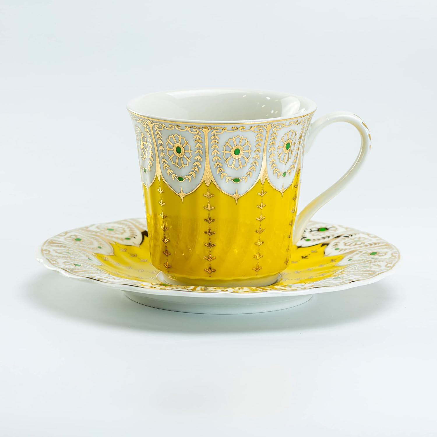 Gracie China Chinoiserie Flute Teacups and Saucers 7-Ounce, Set of 2 (Yellow)