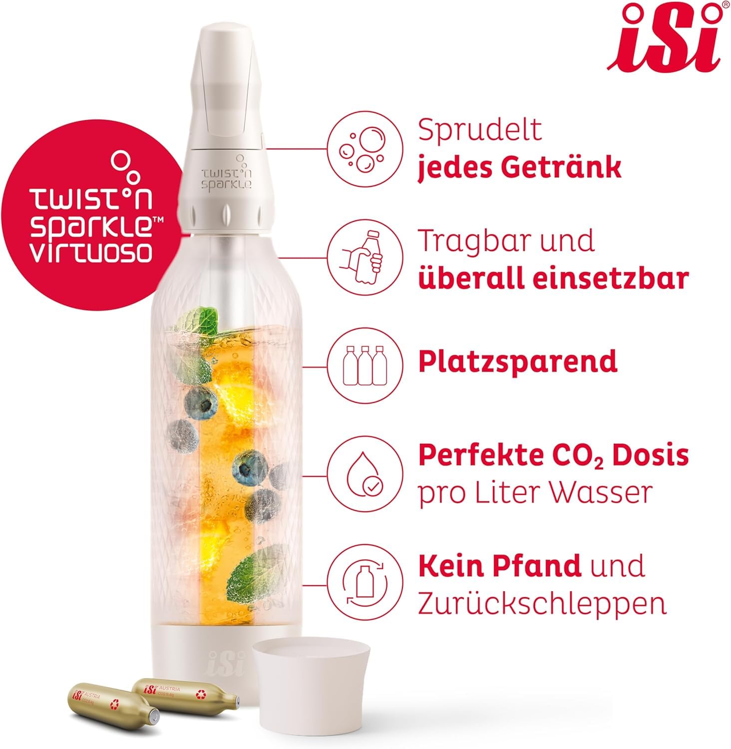 iSi Twist'n Sparkle Virtuoso Spruzzatore d'acqua 0,95 l – Soda Maker per acqua frizzante, succhi e cocktail – Sprudler & Soda Maker con custodia in silicone antiscivolo – Macchina alternativa per