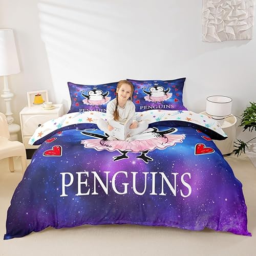 Juego de funda de edredón para niños, diseño de pingüino de dibujos animados, tamaño King, bonito juego de ropa de cama de animales de poste ártico,