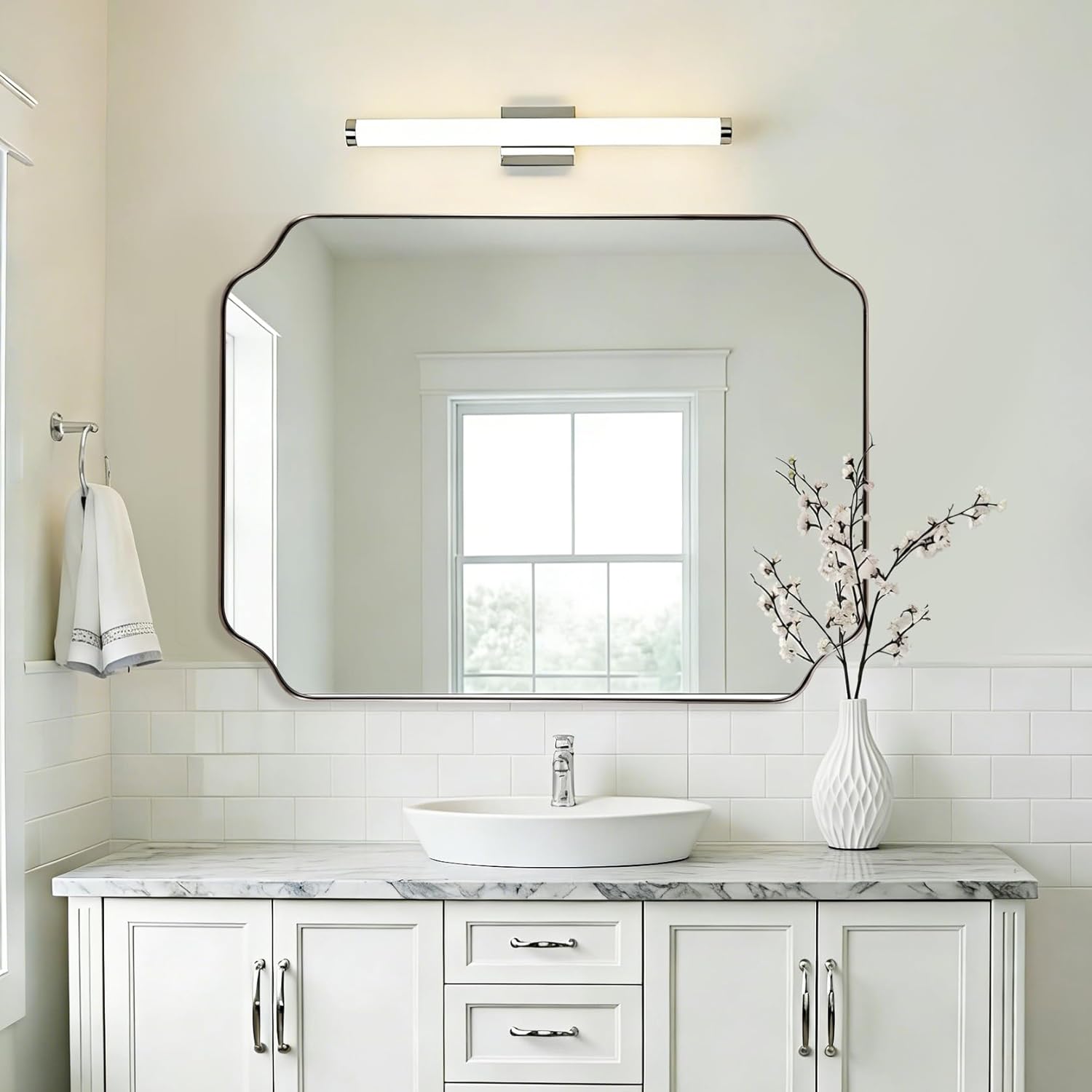 30x40 Inch Chrome Bathroom Mirrors, Scalloped Bathroom Vanity Mirrors for Wall, Notched Corner Rectangle Mirror in 1’’ Stainless Steel Metal Frame Home Remodel Wall Mount Vertical/Horizontal