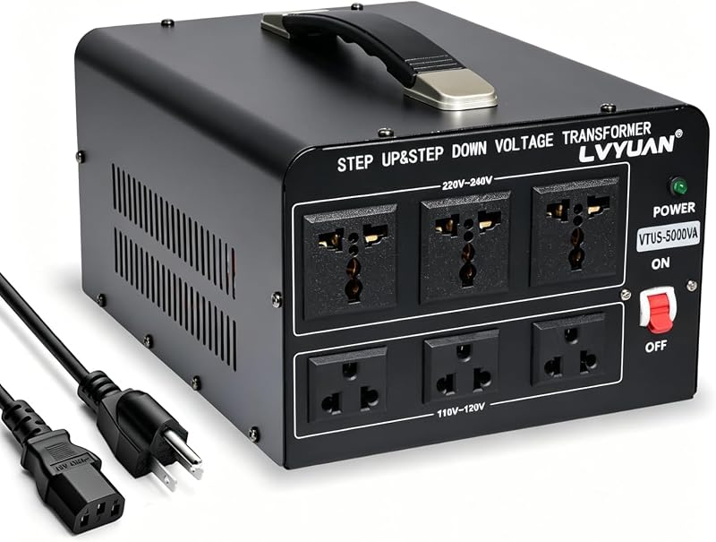 Transformador convertidor de voltaje LVYUAN de 5000 vatios, convertidor de potencia de CA 110 V/120 V/220 V/240 V con 3 salidas estadounidenses, 3 salidas universales, protección de disyuntor reiniciable
