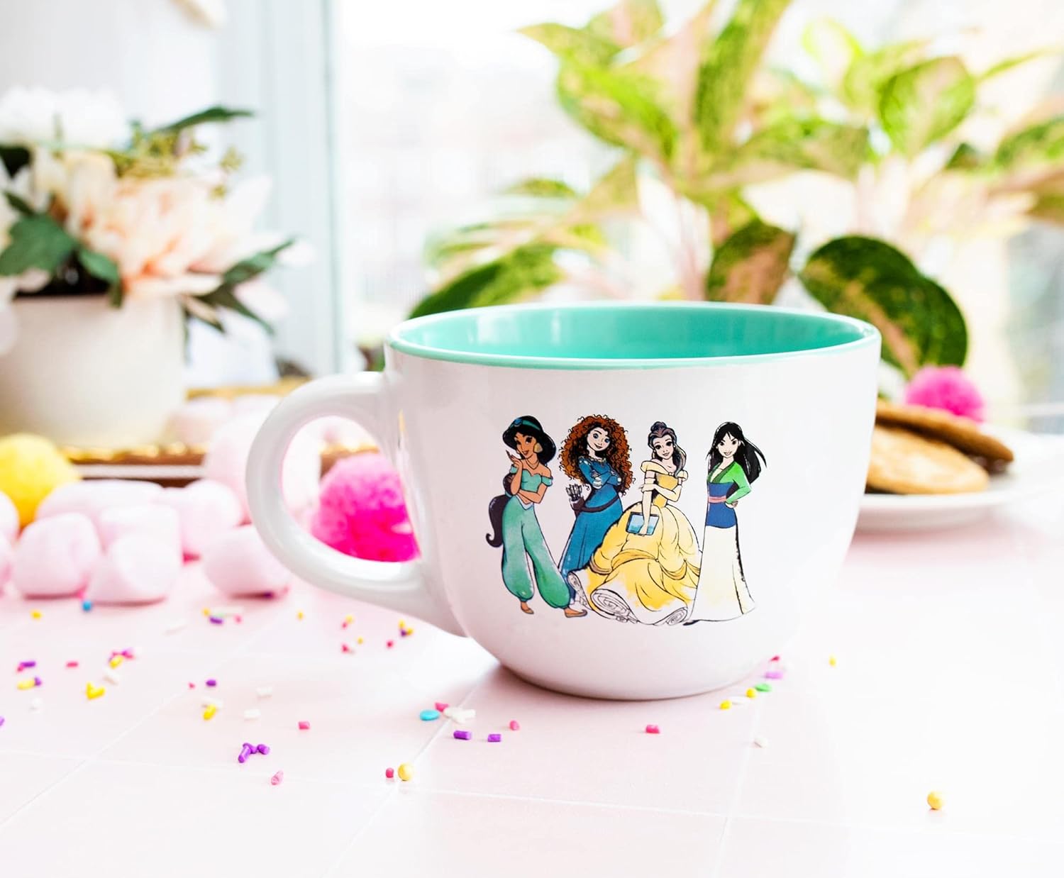 Silver Buffalo Disney Princess Group Shot Featuring Jasmine, Merida, Belle, Mulan, Ariel, Cinderella, Pocahontas, Tiana, and Snow White Ceramic Soup Mug, 24 Ounces - Image 5