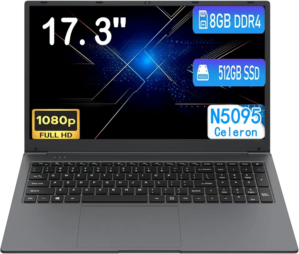 Laptop de 17 polegadas, 8 GB RAM 512 SSD, tela FHD 1920 x 1080 de 17,3 polegadas, Celeron N5095 (até 2,9 GHz), Win 11, WiFi 5, Bluetooth 5.0, USB 3.0, webcam, HDMI, para estudantes e negócios