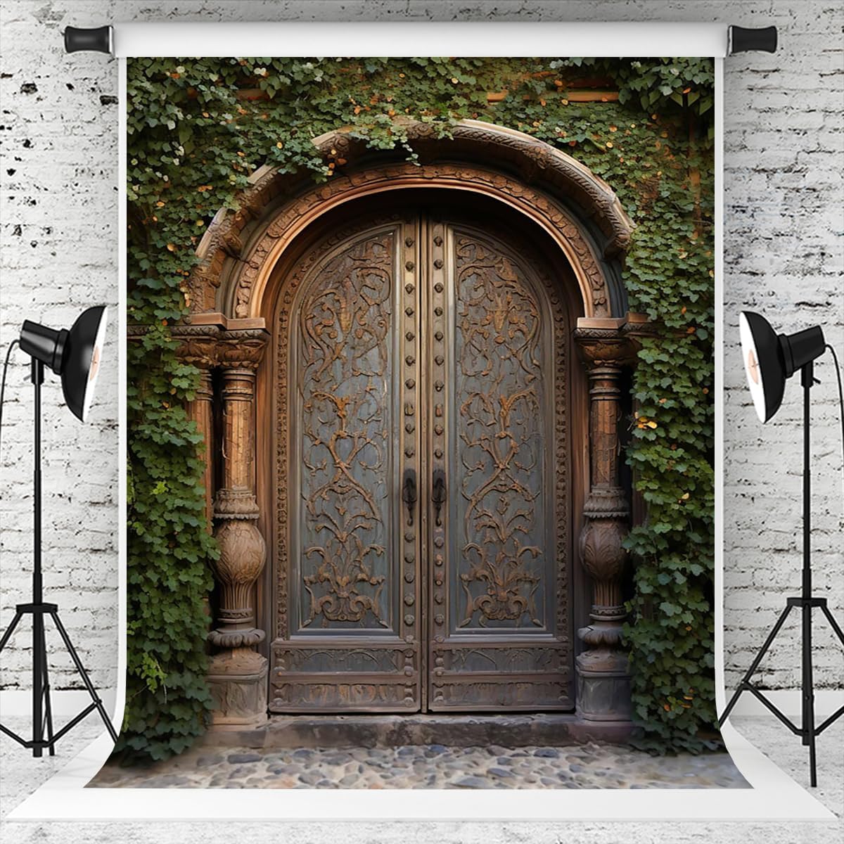 Kate 5×7ft Outdoor Retro Brown Arch Backdrop Photography Spring Green Plant Relief Lines Deco Background Photography Studio Prop Photo Video