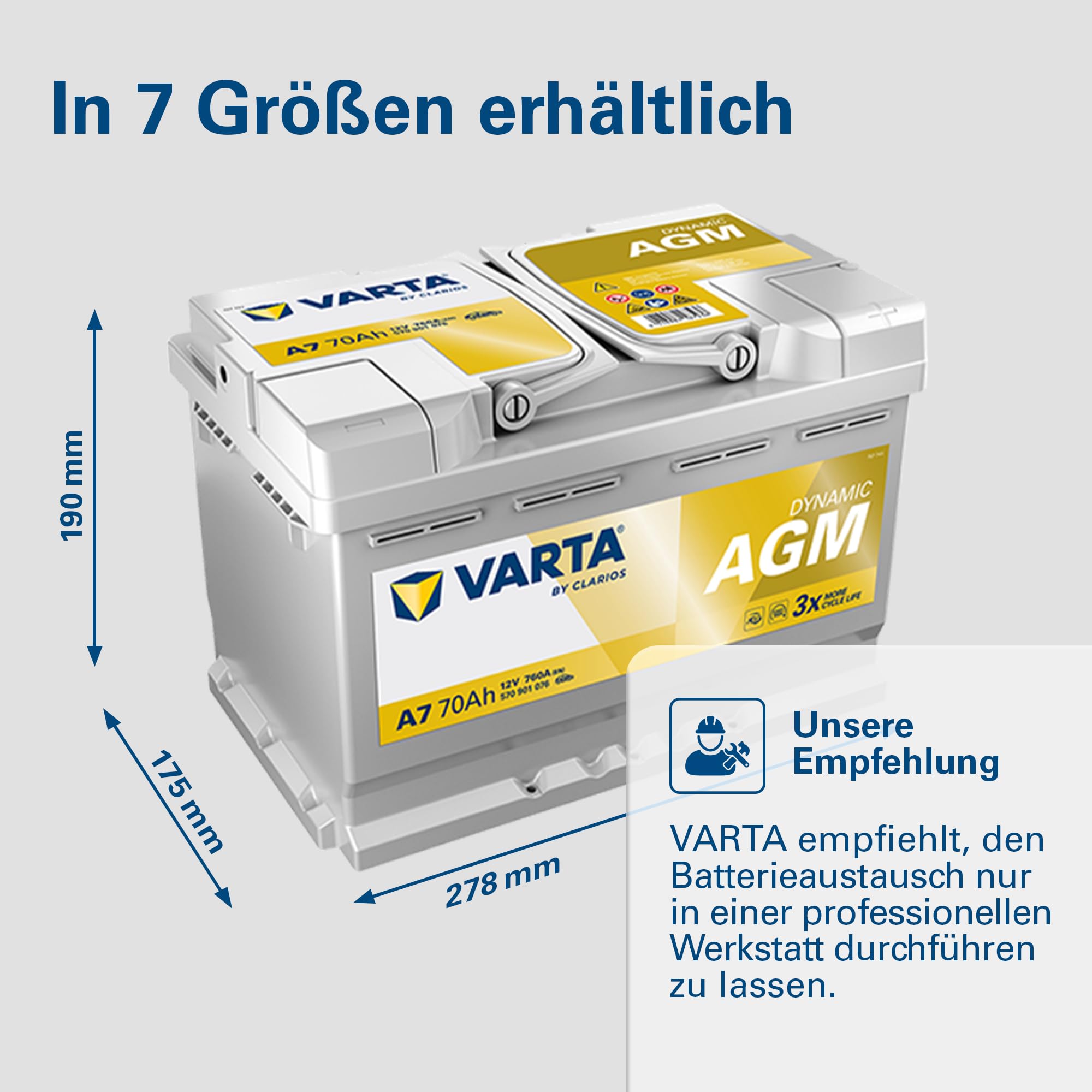VARTA Automotive DYNAMIC AGM (A7) 12V 70Ah 760A - Nassbatterie für Start-Stopp Systeme und xEV - Starterbatterie für Autos mit höherem Energiebedarf - Wartungsfreie Bleisäurebatterie