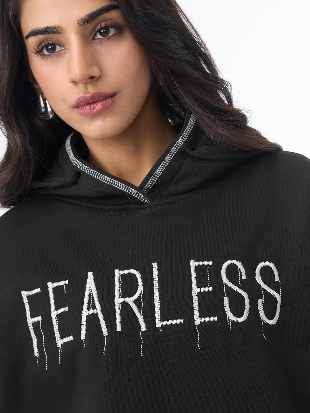 The Souled Store: Fearless Women and Girls Long Sleeves Hooded Neck Black Cotton Blend Premium Heavy Fleece Cropped Oversized Hoodie image 3