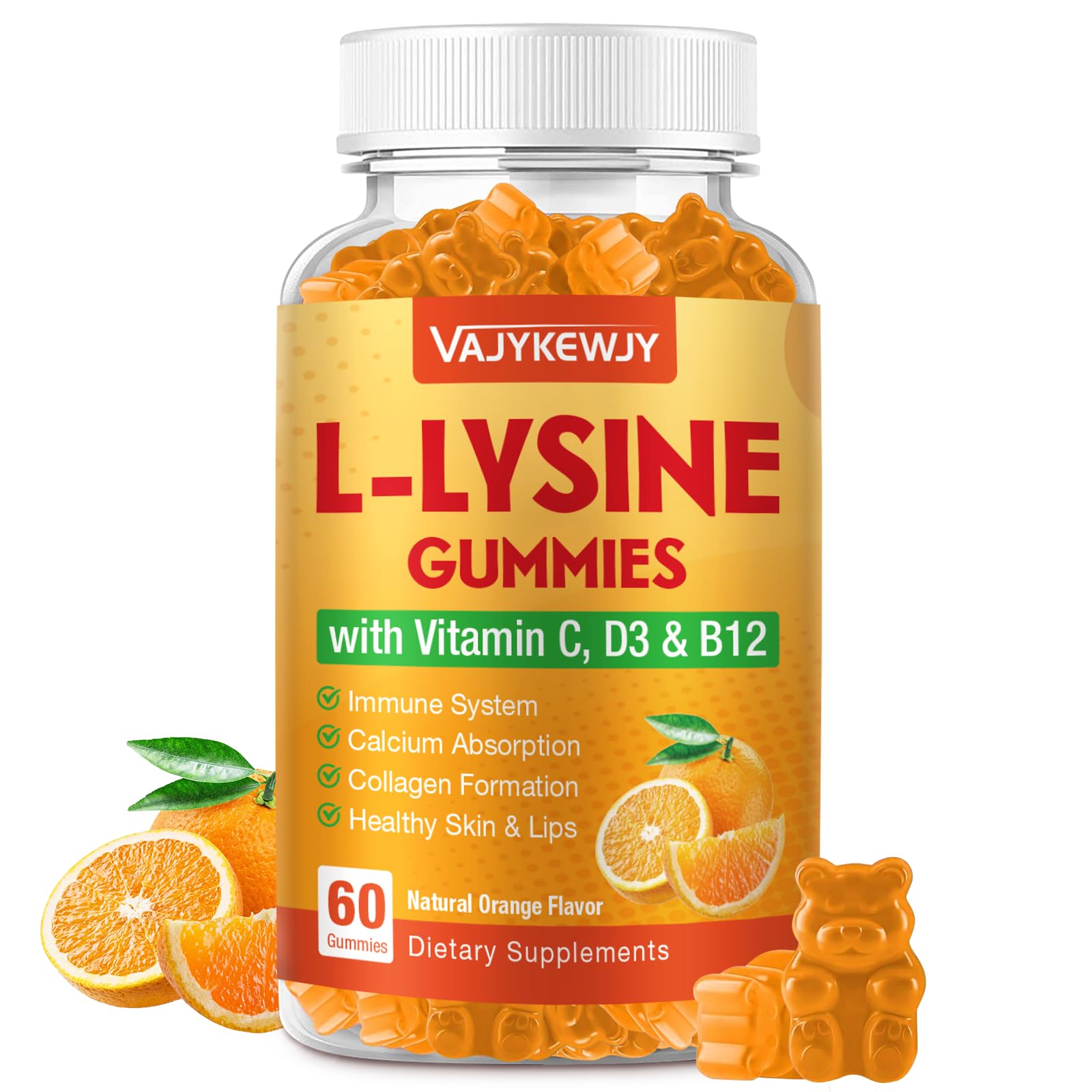 L-Lysine Gummies 1000 mg for Immune Support, Delicious Orange Flavor, Vegan, Non-GMO, Gluten-Free – 60 Count