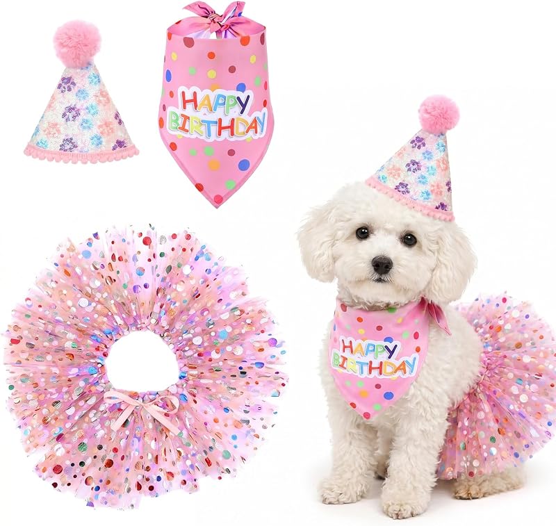 Kit Festa de Aniversário para Cães Hpmjz com Bandana, Chapéu e Saia de Tule Roxa