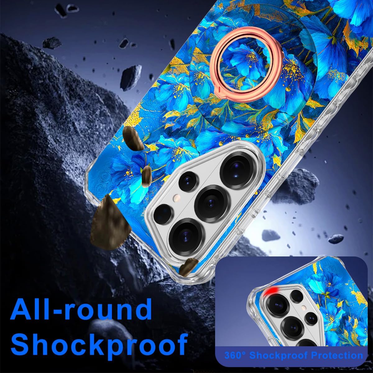 for Galaxy S26 Ultra Case,Magnetic Removable Floral Phone Ring Stand, 360°Rotation MagSafe Stand,Slim Wavy Frame Cases with Cute Flowers for Samsung Galaxy S26 Ultra 6.9 inch,Blue