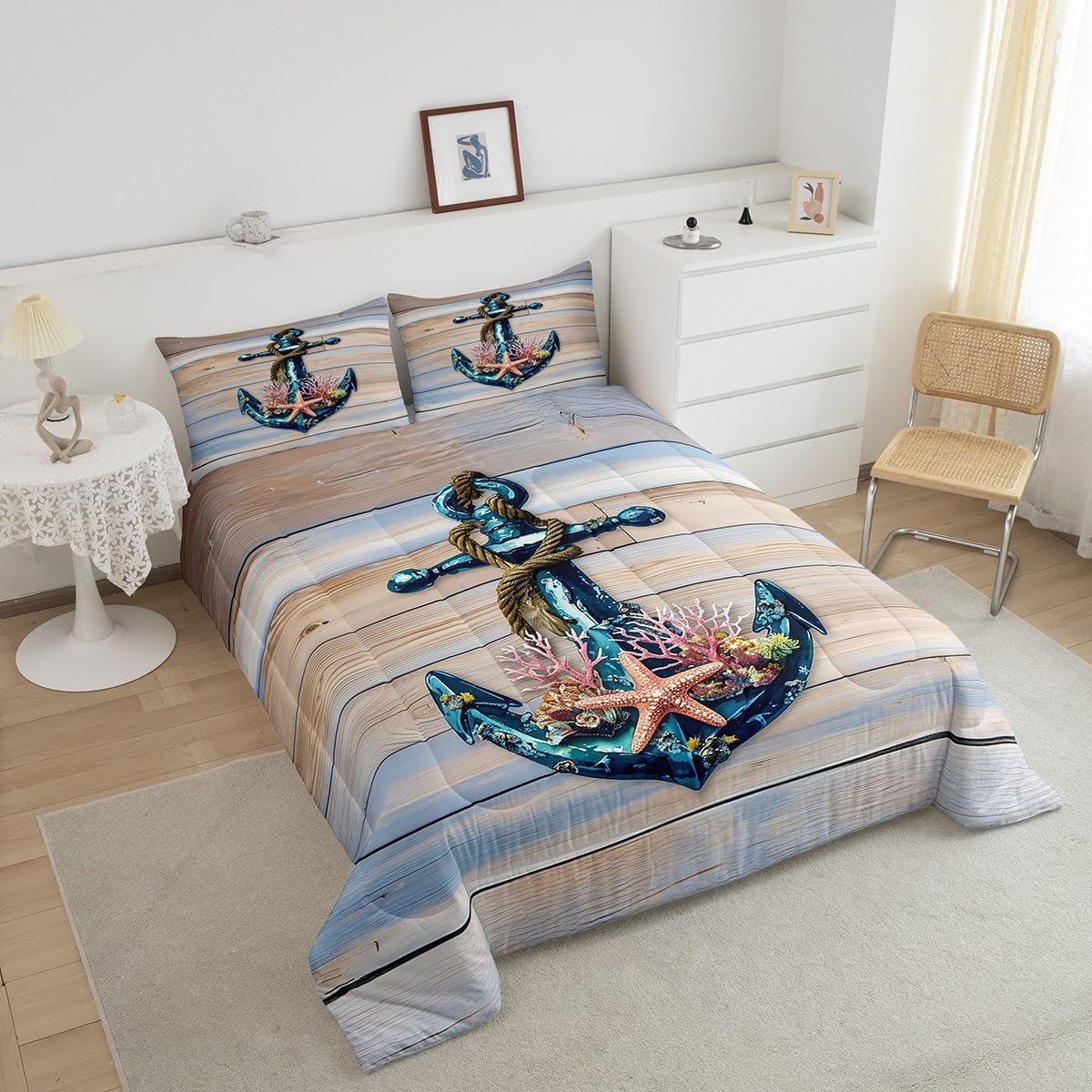 Erosebridal Vintage Wooden Barn Plank Comforter Set for Men Women,Romantic Anchor Rope Bedding Set,Tropical Coral Starfish Bedding Comforter Sets,Nautical Ocean Duvet Insert with 2 Pillowcases,Queen