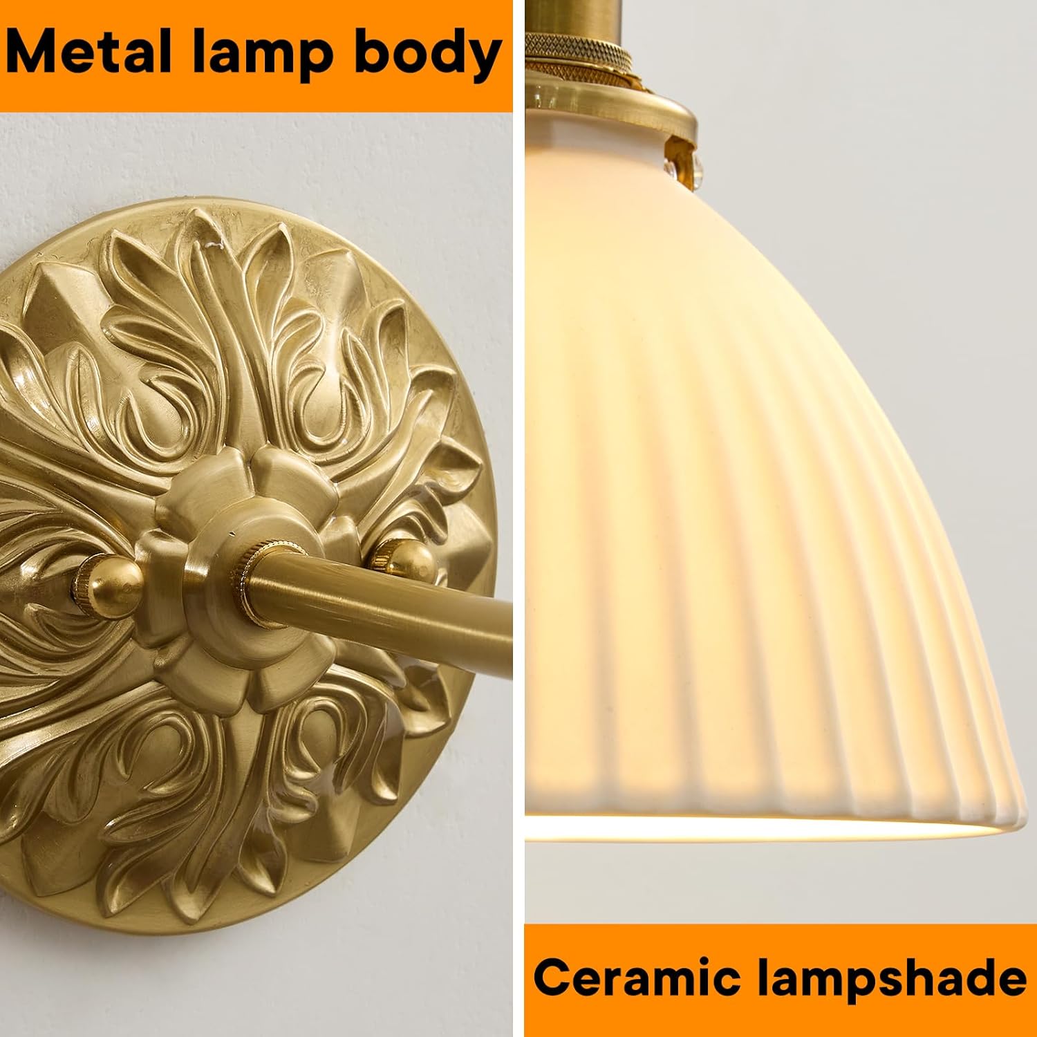 Vintage Gold Wall Sconce, Hardwired Bathroom Vanity Light with Ceramic Shade, Rustic Modern Sconce for Bedroom Bedside, Living Room Lighting Fixture​