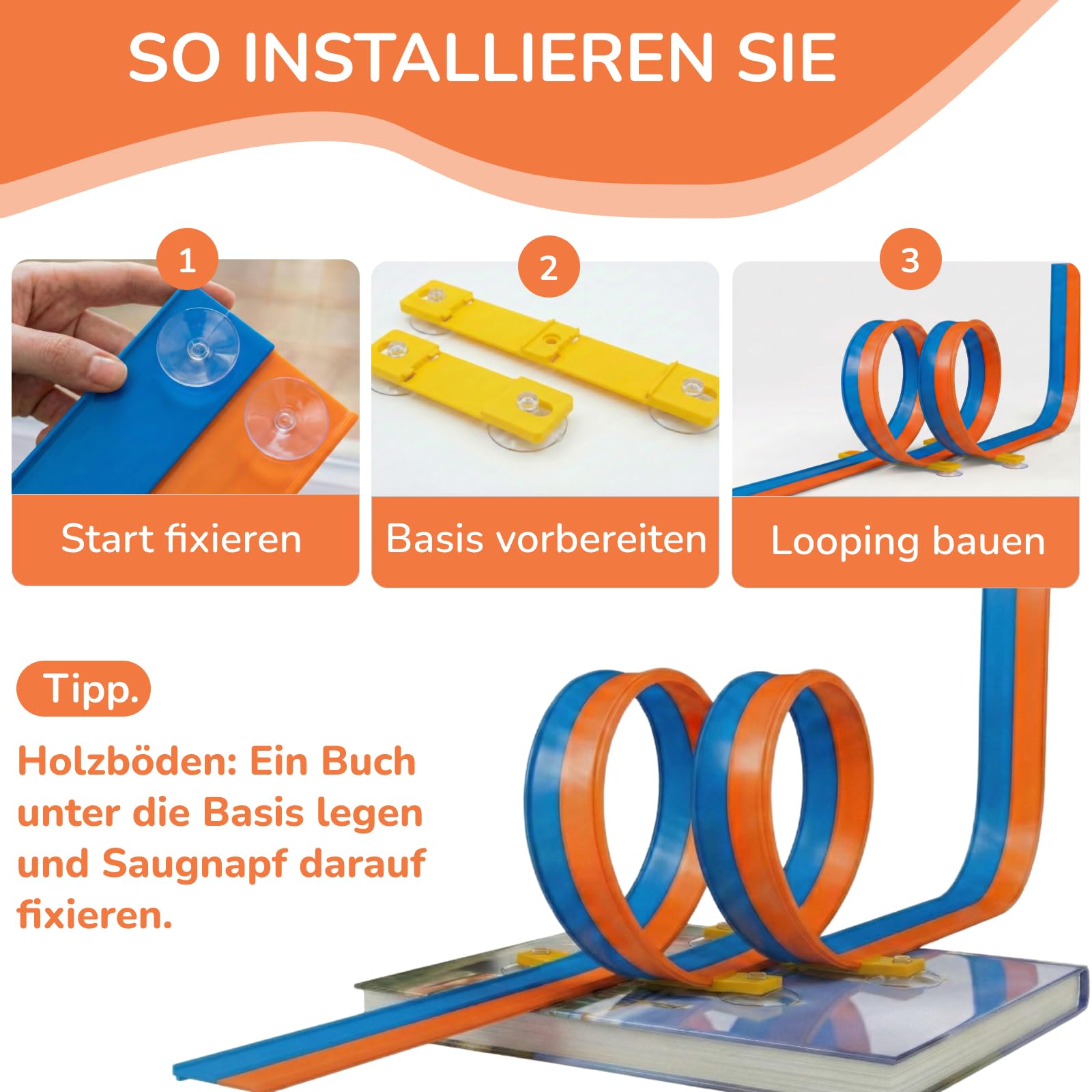 5M Flexible Autorennbahn Set mit 2 Loopings, 2-in-1 Rennbahn mit Autos & Tragtasche, Schwerkraft & Pull-Back Rennstrecke, Spielzeug für Kinder ab 3 4 5 6 Jahre, Geschenk für Indoor/Outdoor (Orange)