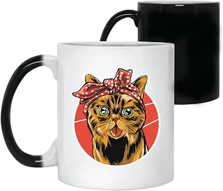 Gift for Cat Lovers Happy Cat Wearing Dotted Pattern Bandana Illustration 11oz 15oz Color Changing Mug