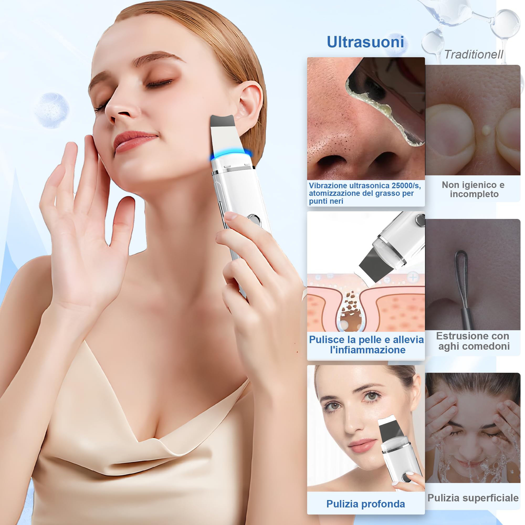 Pulizia Viso Ultrasuoni, Skin Scrubber con 4 Modalità e Luce Rossa e Blu, Spatola Professionale Punti Neri Rimozione Pulizia Profonda la Viso Peeling e Cura
