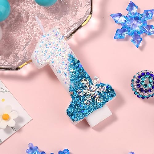 Miniatura 10 de Velas de cumpleaños de Frozen del 0 al 9, velas de números con purpurina de copo de nieve, decoración de pasteles blancos y azules para niños y