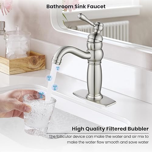 Miniatura 3 de gotonovo Grifo de fregadero de baño para fregadero, 1 agujero, níquel cepillado, mango único, montaje en cubierta, manguera de suministro y orificio