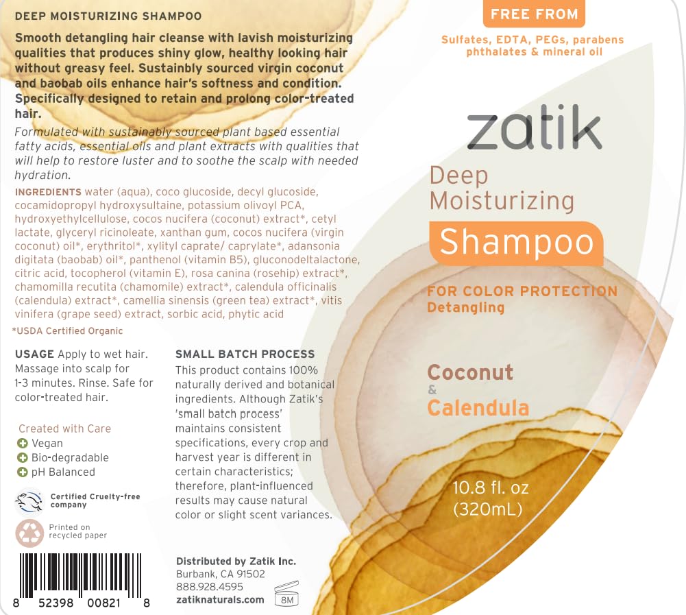 Zatik Naturals - Deep Moisturizing Shampoo + Conditioner Set - Coconut & Calendula, for Colored, Dry damaged Hair, Biodegradable, pH Balanced, FREE from Parabens, fragrances, 10.8 fl oz (One of Each) - Image 3