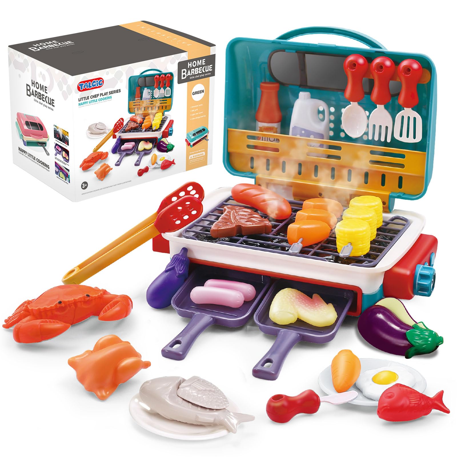 Cooking Simulator Toy with Color Changing Accessories, 31 PCS Fun BBQ Kit Gourmet Cooking Box, Magic BBQ Simulation Grill Toy with Sound & Light & Steam Grill Surface for Kids 3-8