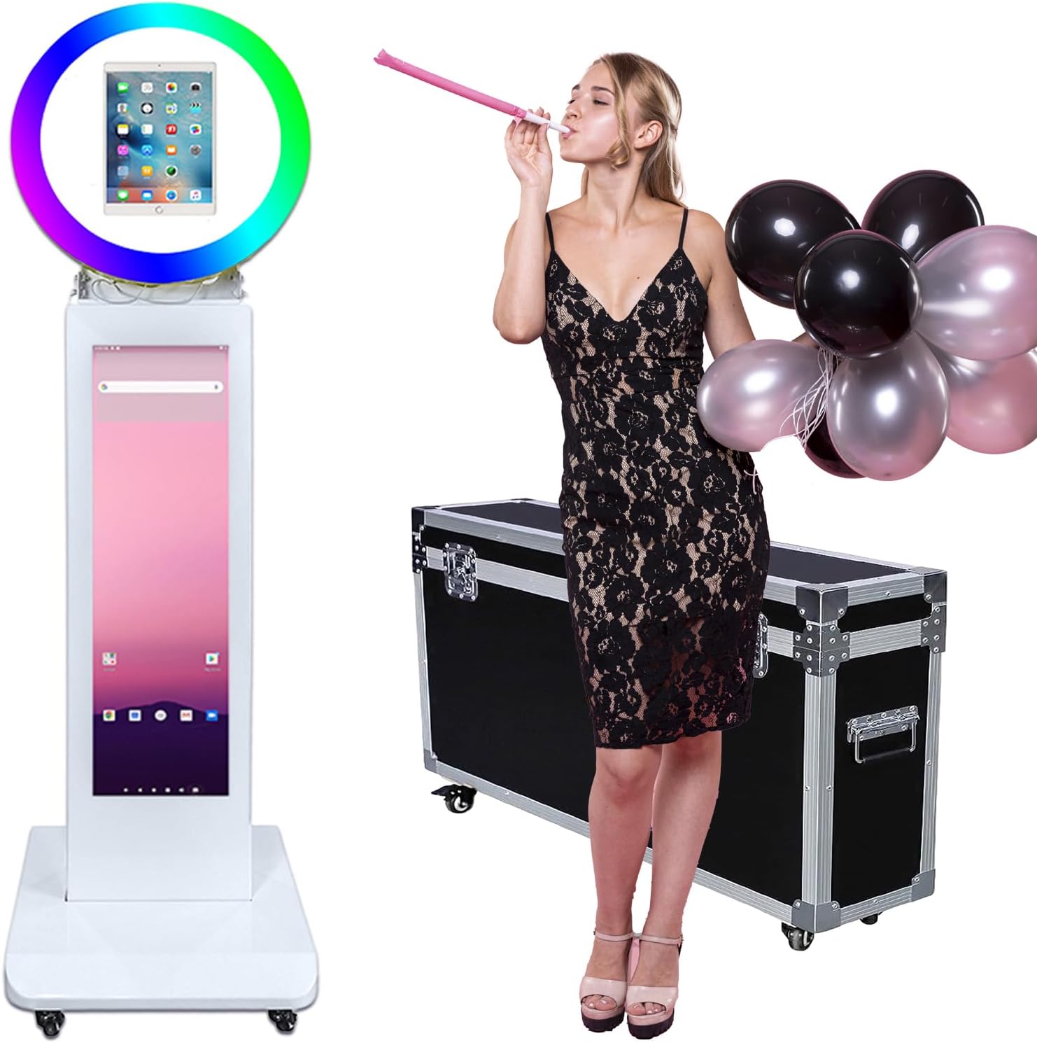 Selfie iPad Photobooth Machine Metal Shell with 29inch LCD Screen and RGB Ring Light Compatible with iPad 10.2'' 10.9'' 11'' 12.9'' for Events Wedding Birthday (White, Photo Booth Machine)
