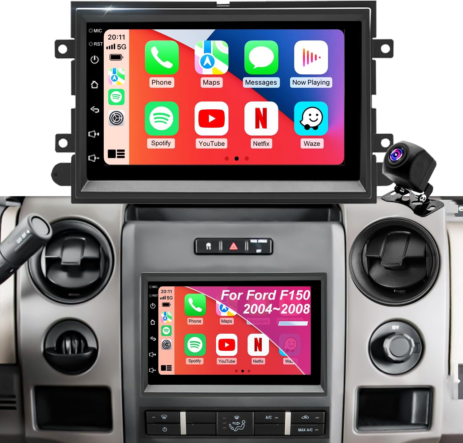 5GWiFi Car Radio for Ford F150 2004-2008, F250/F350 2006-2016, E150/E250/E350 2009-2014, Fusion 2006-2009, 7 Inch Touchscreen Stereo with Carplay Android Auto, Bluetooth, GPS, Backup Camera, SWC, FM